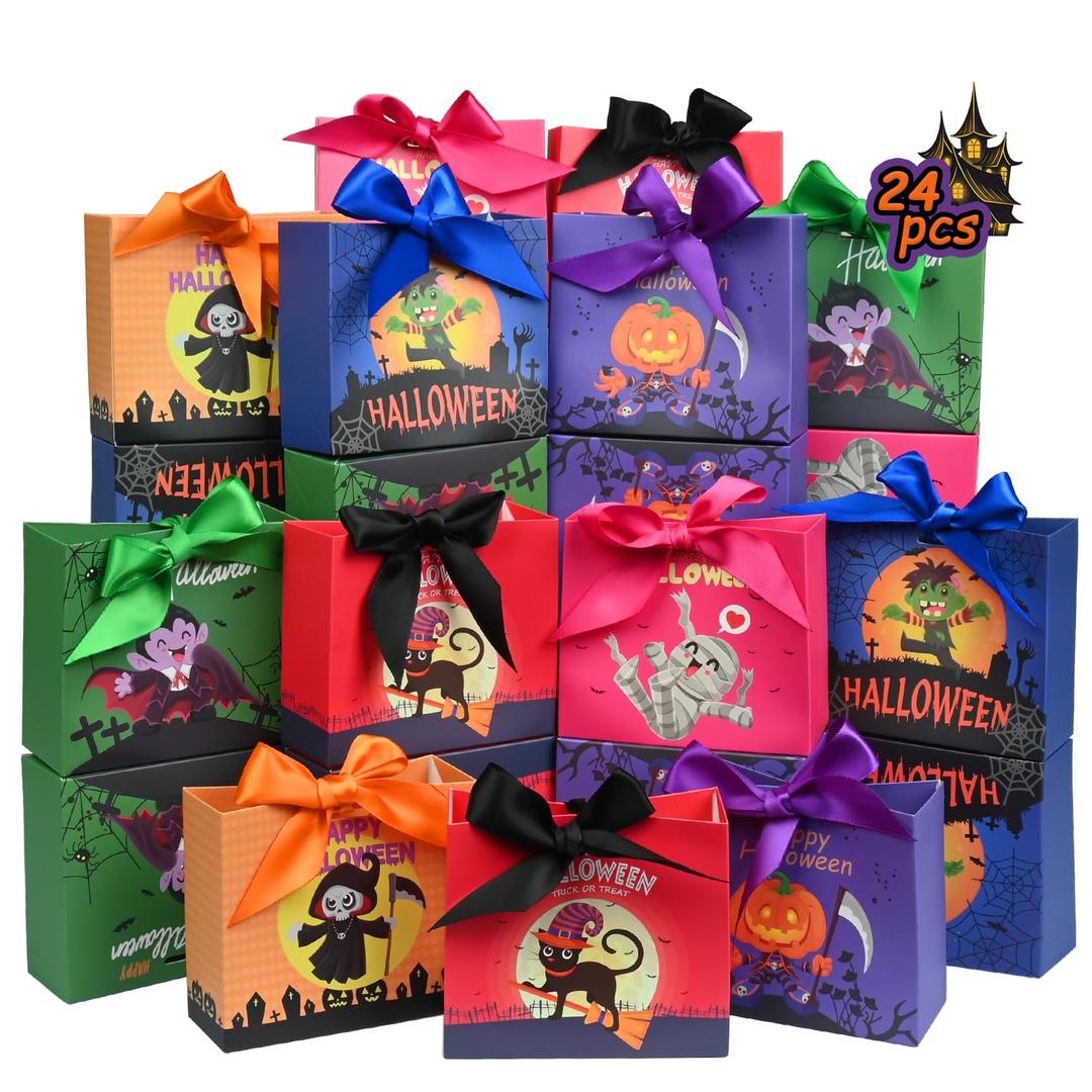 Nimbbex 24PCS Halloween Goodies Bags, Trick or Treat Candy Gift Paper Bags Bulk with Ribbons, Halloween Treat Boxes, Party Favor, Classroom Exchange, Home Decoration 4.5 x 3.9 x 1.7 Inches