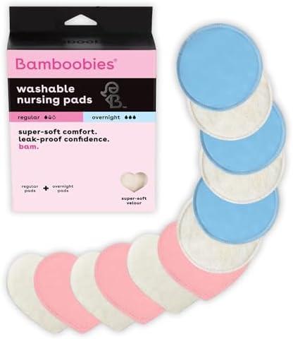Bamboobies Nursing Pads, Ultra-Soft Velour, Reusable, Washable & Leak-Proof, 6 Ultra-Thin and 6 Overnight Pads for Breastfeeding