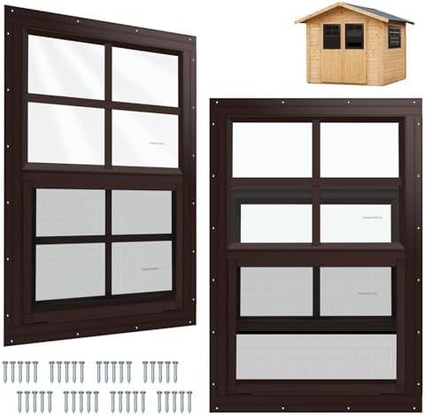 Kerty 2 Pack Shed Window Flush Mount Windows with Tempered Glass for Sheds, Chicken Coops, Garage and Playhouse (Brown, 14" x 21")