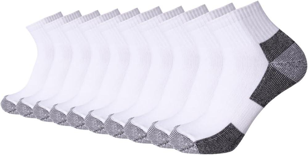 EnerWear 10P Pack Unisex Cotton Moisture Wicking Cushion Ankle Socks (White/Black Block), Size 10-13