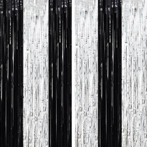 Voircoloria 2 Pack Black and Silver Tinsel Foil Fringe Curtains, Black White Party Decorations, Metallic Tinsel Party Streamers Backdrop for New Years Birthday Christmas Graduation Decorations