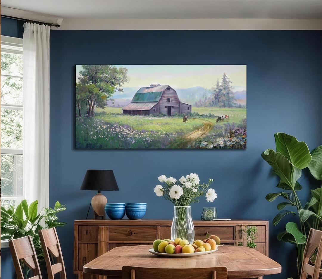 Acocifi Barn Picture Farmhouse Wall Art, Rustic Landscape Painting Farm Cow Print Textured Artwork Large Framed for Living Room Bedroom Dining Room Kitchen Office Home Decor 40"x20"