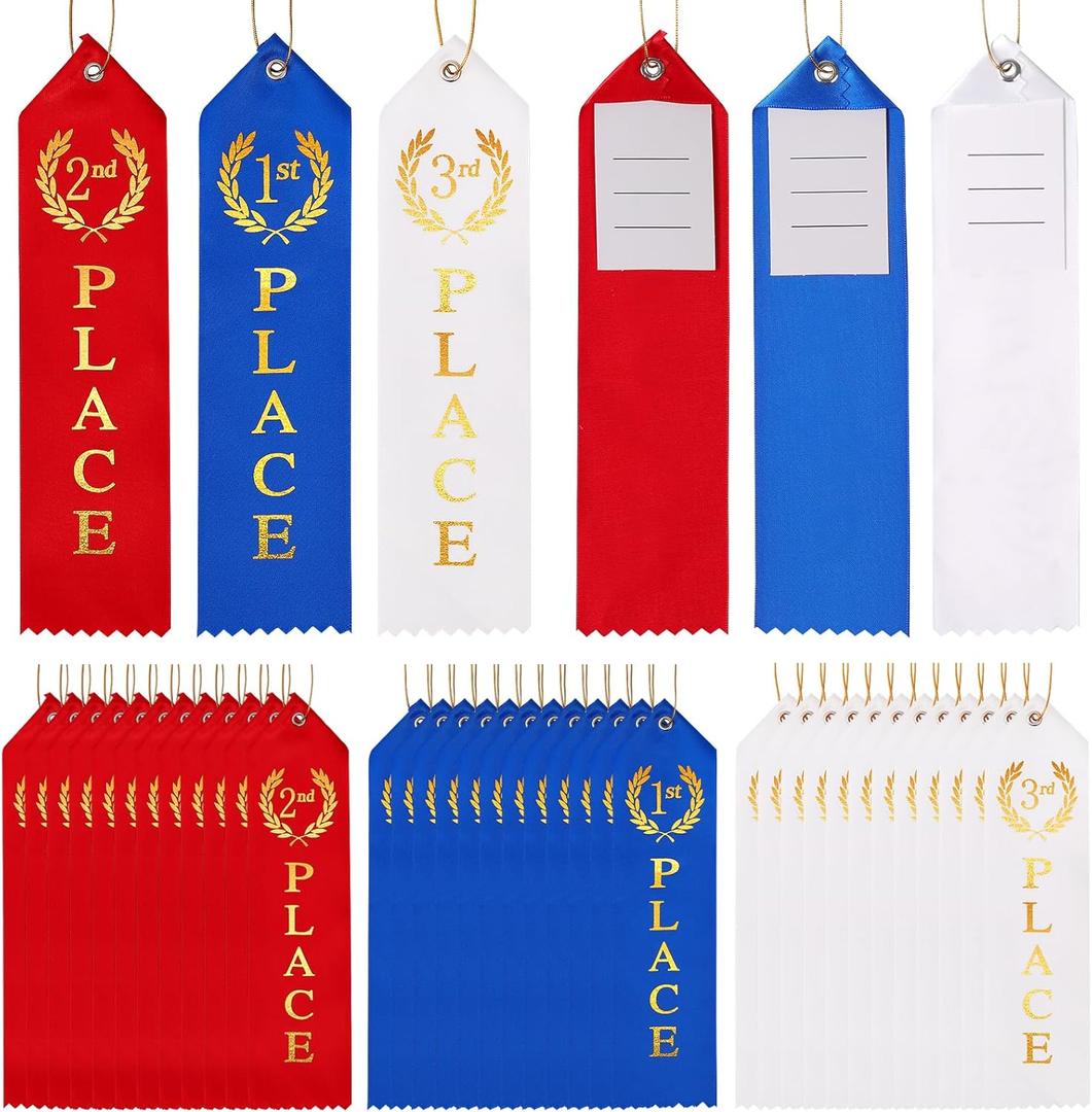 36PCS Award Ribbons, Medal Ribbons for 1st, 2nd, 3rd Place, Event Card & Rope Included, Perfect for Competitions, Sports Events, School Challenges, Vibrant Blue, Red, and White