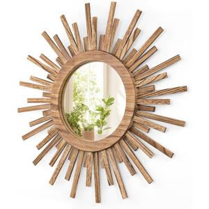 24 Inch Boho Sunburst Mirror, Round Wooden Wall Decor Starburst Sun Mirror for Bedroom, Living Room, Bathroom, Hallway, Balcony, Farmhouse Entryway, Housewarming Gift（Rustic Brown
