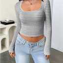 WDIRARA Women's Striped Tee Shirt Ribbed Long Sleeve Slim Fit Crop Tops (S)
