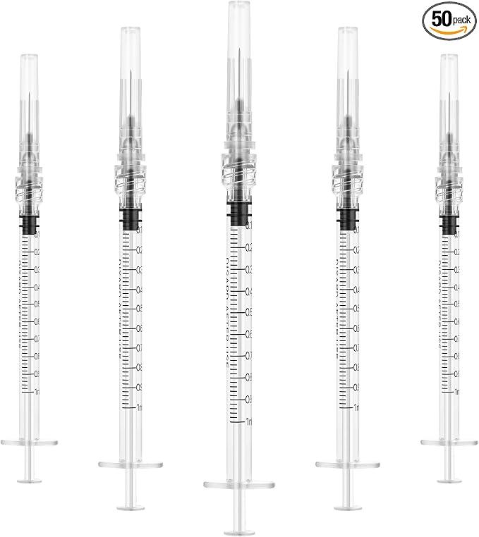 1mL/cc Disposable Luer Lock Syringe 27G 1/2 inch for Lab Use, Individually Wrapped, Pack of 50