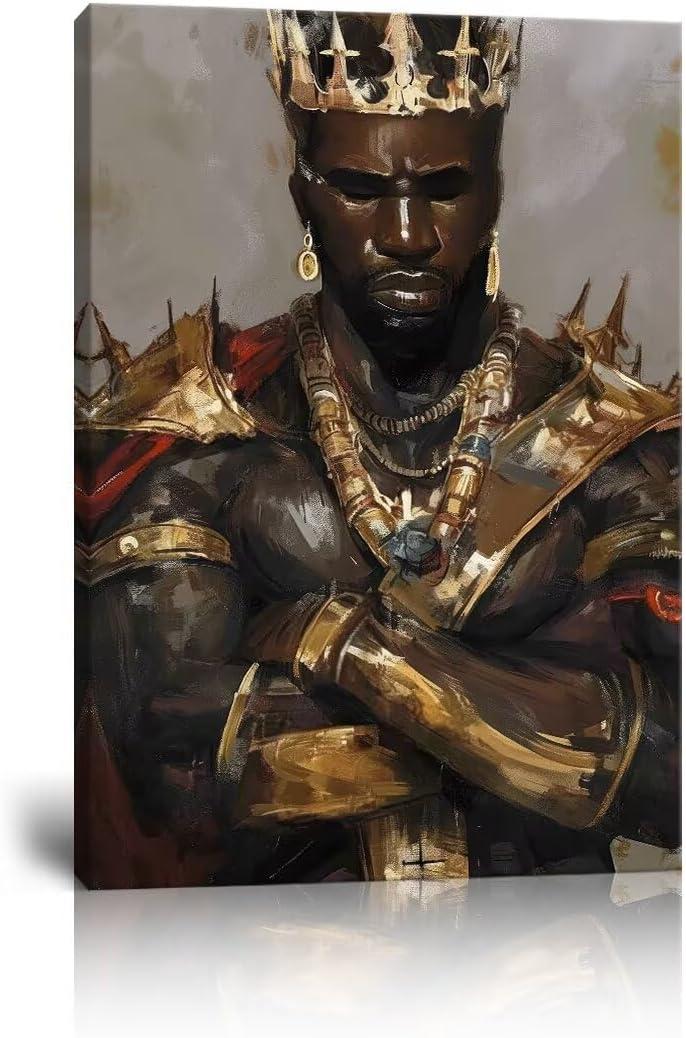 African King Wall Art African American Wall Art Afro King Crowns Portrait Artwork Picture Abstract Canvas Prints Painting Framed for Living Room Bedroom Home Decor Framed(28''W x 44''H)