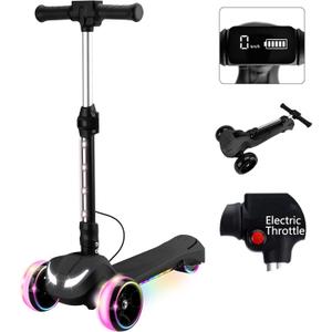 24V Electric Scooter for Kids w/150W Powerful Motor, Thumb Throttle, LCD Screen, Bluetooth, Light-Up Stem Deck & Wheels, 3 Adjustable Heights, 5MPH Safe Speed, 3 Wheel Electric Scooter for Kids (Black)