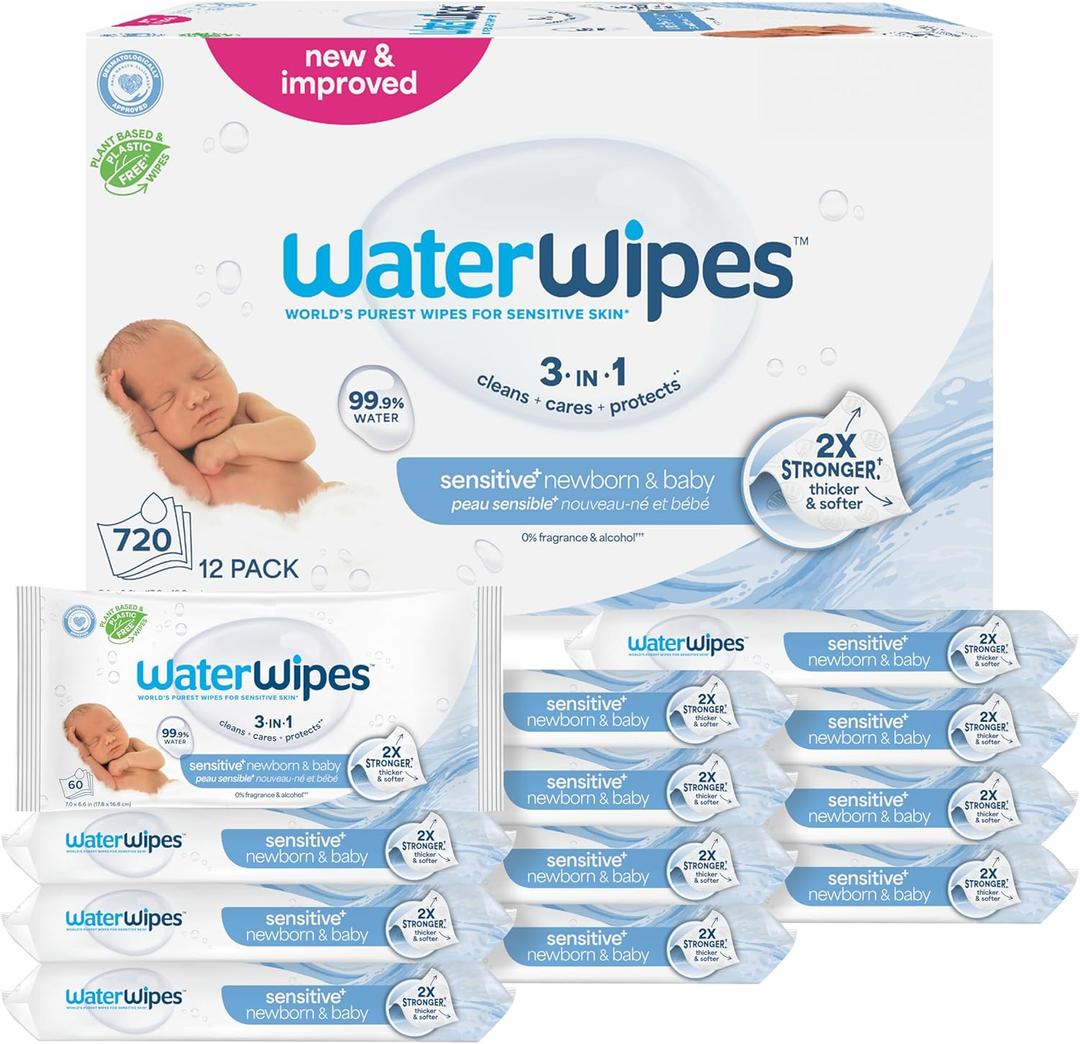 WaterWipes Sensitive+ Newborn & Baby Wipes, 3-In-1 Cleans, Cares, Protects, 99.9% Water, Unscented & Hypoallergenic, 720 Count (12 Packs), Best By December 2026 