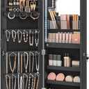 SONGMICS Jewelry Cabinet Armoire Organizer with LED Lights, Wall-Mounted Storage Cabinet with Full-Length Frameless Mirror, Built-in Makeup Mirror, 2 Drawers, Lockable, Black UJJC013B01