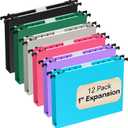 Plastic Heavy Duty Hanging File Folders Letter Size,1 Inch Expansion,12 Pack Reinforced Extra Capacity Hanging Folders,Durable File Cabinet Folders,for Bulky Hanging Files,Assorted Colors