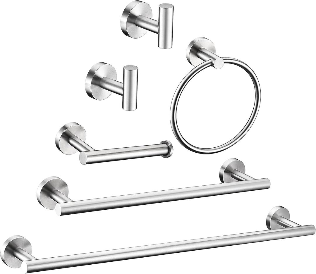 6 Pieces Brushed Nickel Bathroom Hardware Accessories Set Hand Towel Ring 16&23.6 inch Round Towel Bar Silver Toilet Paper Holder Towel Hooks 2 Pieces SUS 304 Stainless Steel,Heavy Duty,Wall Mounted