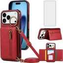 Phone Case Compatible with iPhone 17 Pro Max 6.9 inch 2025 Wallet Case Screen Protector Crossbody Shoulder Strap Ring Buckle Stand Card Holder for i Phone17 17Pro i17 ProMax 17ProMax Women Red
