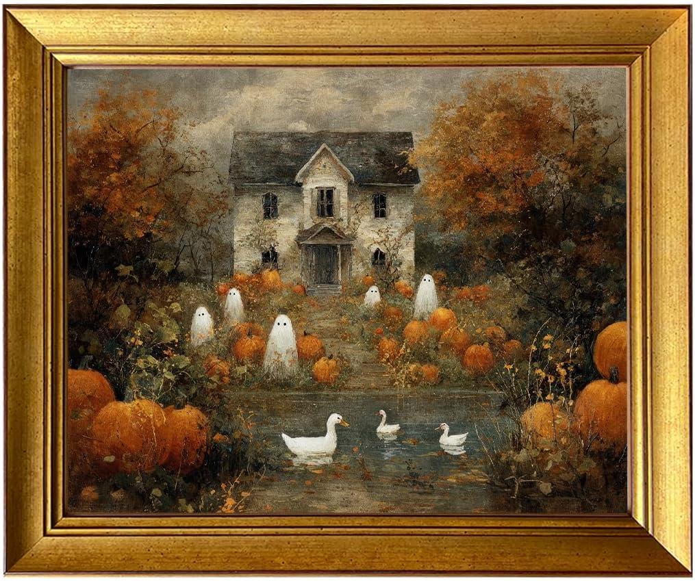 Rustic Halloween Picture Wall Decor Vintage Gold Framed Haunted Mansion Halloween Canvas Wall Art Ghosts Print Fall Wall Decor Farmhouse Autumn Landscape Pumpkin Painting, 20"L x 16"W