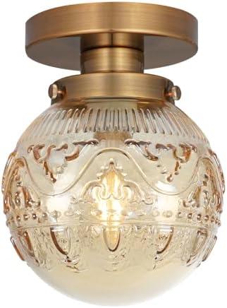 Semi Flush Mount Ceiling Light, Gold Vintage Kitchen Ceiling Light Fixture, Amber Globe Glass Close to Ceiling Light, Hallway Ceiling Light Modern Lighting for Bathroom Bedroom Corridor Entryway