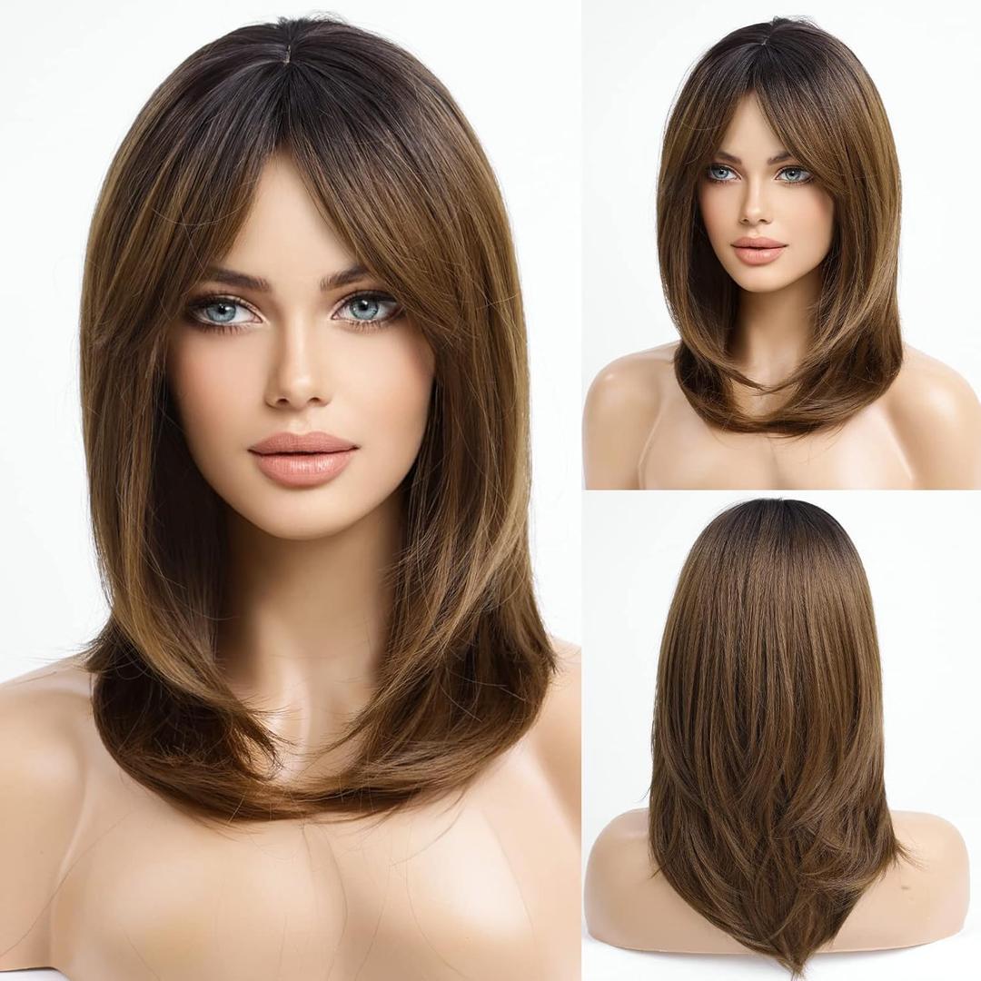 HAIRCUBE Layered Wigs for Women Synthetic Wig (Brown with Dark Roots)