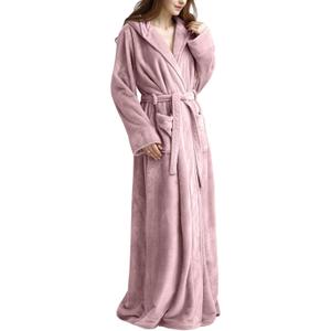 Flygo Womens Fuzzy Plush Long Hooded Robe Full Length Flannel Fleece Bathrobe Warm Housecoat (Medium, Dusty Pink)