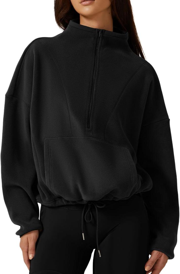 QINSEN Women Half Zip Fleece Sweatshirt Mock Neck Long Sleeve Winter Cozy Sherpa Pullover Sweater Tops (X-Large, Black)