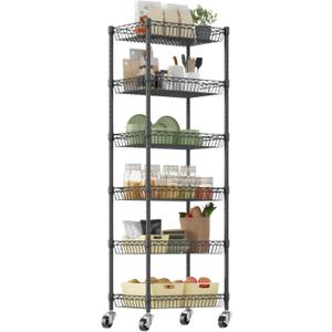 Homdox 6-Tier Rolling Wire Basket Shelf, Adjustable Metal Storage Rack with Wheels for Pantry, Kitchen, Bathroom, Laundry Room and Closet, 17" W x 12" D x 65" H, Black