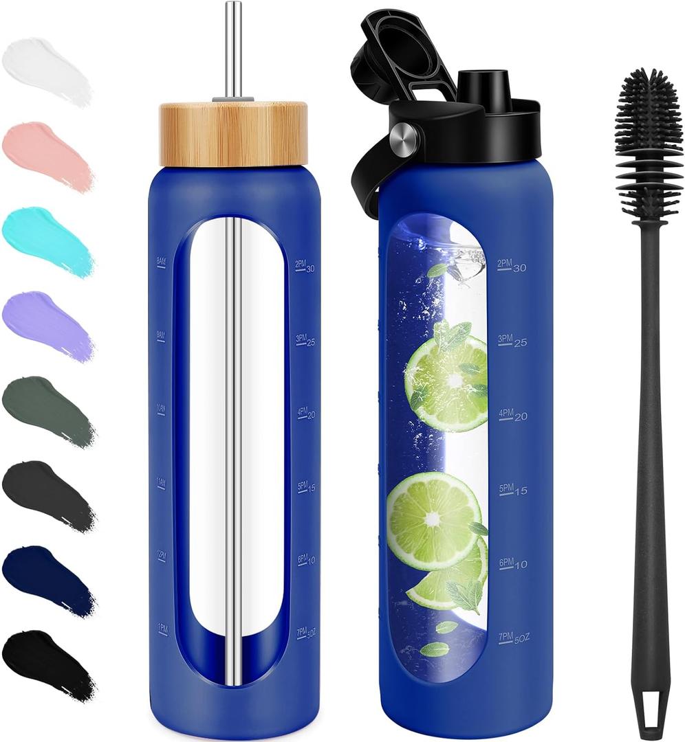 32 oz Glass Water Bottles - 1 Liter Motivational Tumbler Water Bottle Time Marker - Borosilicate Glass Water Bottle With Silicone Sleeve and 2 Lids, Handle Spout & Bamboo Straw Lid (Blue)