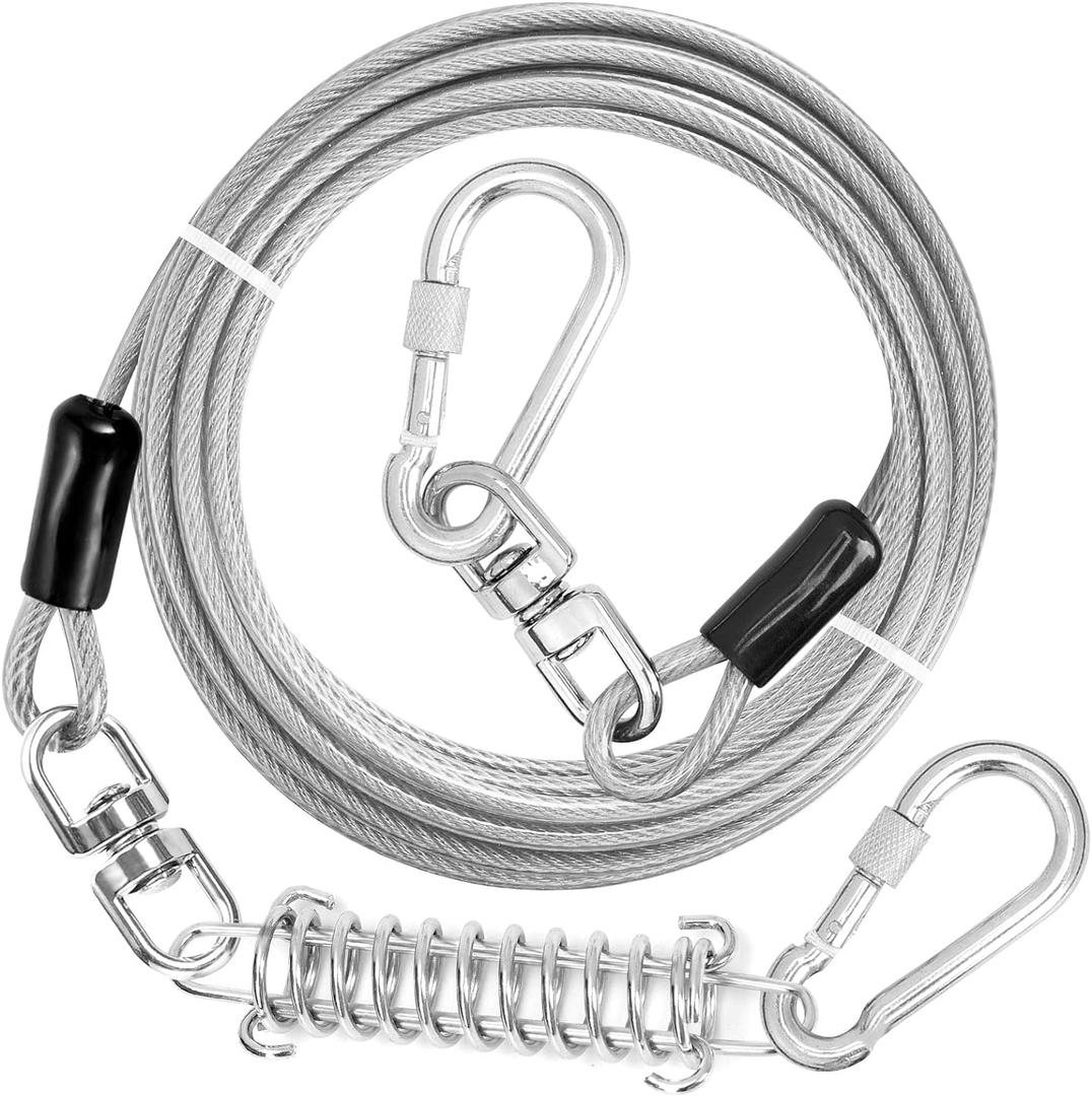 jenico Dog Tie Out Cable, 10/15/20/30/40/50/70/100/150FT Runner Cable with Swivel Hook and Shock Spring, Dog Leash Run Tether for Yard Outdoor and Camping, for Small to Medium Pets Up to 500 LBS (White)