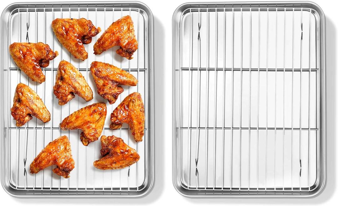 Homikit Quarter Sheet Pan with Rack Set (2 Sheets + 2 Racks), 9x13 Stainless Steel Baking Sheets with Cooling Racks Non Toxic, Metal Cookie Bacon Tray for Toaster Oven Baking Cooking, Dishwasher Safe (12.4x9.6x1)