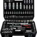 PIRIPARA 108 Piece Mechanics Tool Set Metric And Standard 1/4" & 1/2" Socket Set, Ratchet Set, Universal Joint, Extension Bars, Quick Release Reversible Ratchet Wrench, Plastic Toolbox Storage