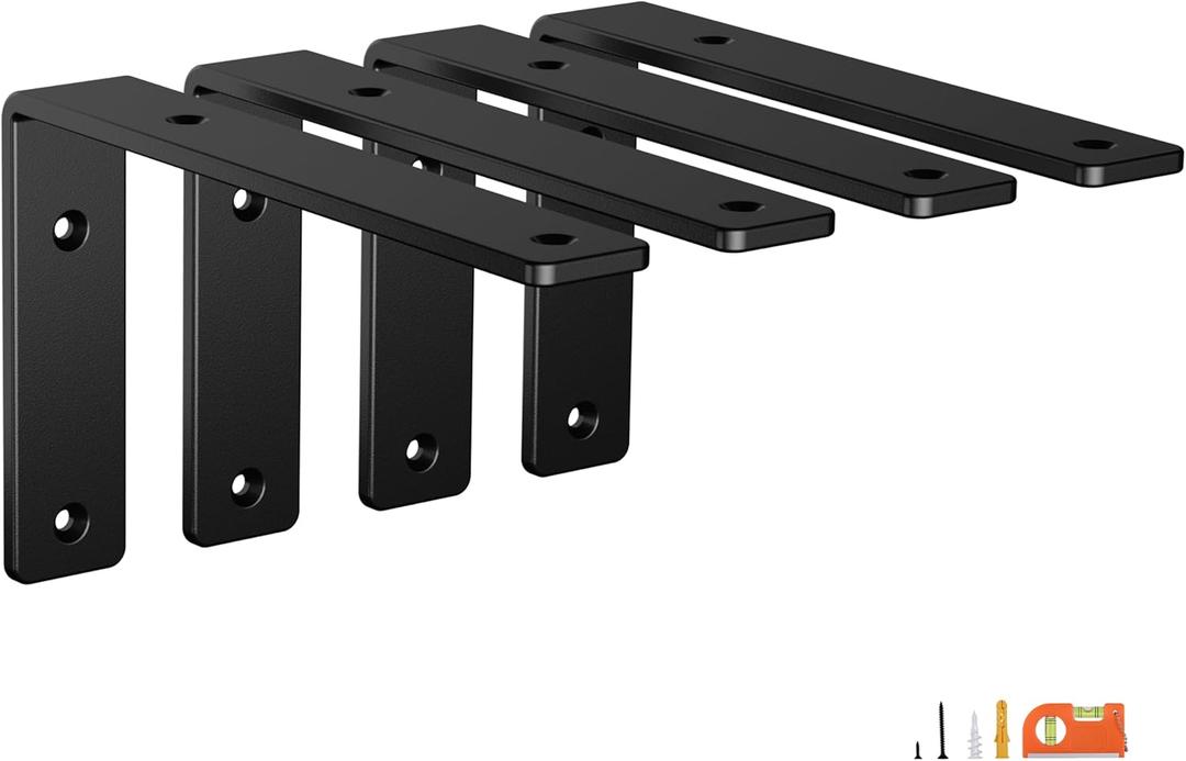 4-Pack 8 Inch Heavy Duty Shelf Brackets, Premium Floating L Bracket for Wall, Kitchen, Mantel Shelves Support | Quarter Inch (1/4") Thick | Black Powder Coated Steel