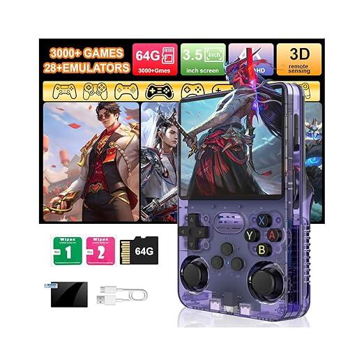 R36S Retro Handheld Game Console, 64GB Builtin Games, Save & Load Function, 3.5" IPS Screen, Portable Emulator Gaming Console for Travel, Adults & Nostalgic Players (Purple R36s 3.5")
