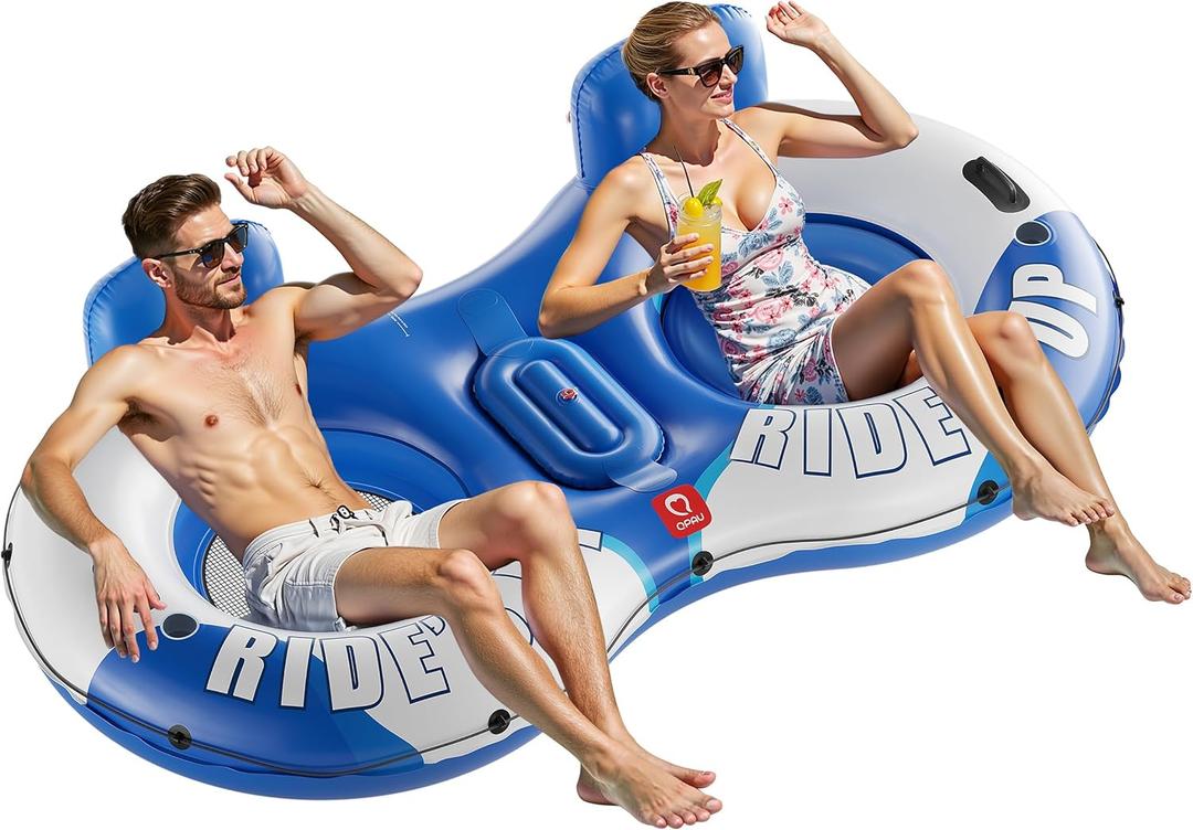 QPAU Inflatable Double River Tube, 2 Person 660lb Capacity, Puncture-Resistant 93" Sturdy Heavy Duty River Float, River Raft with Ergonomic Backrest, Cooler & Cup Holders for Family (Blue&White)