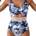 B2prity One Piece Swimsuit for Women Tummy Control V Neck Bathing Suit Color Block High Waisted Cutout Swimwear (Small, Navy Blue Leaf)