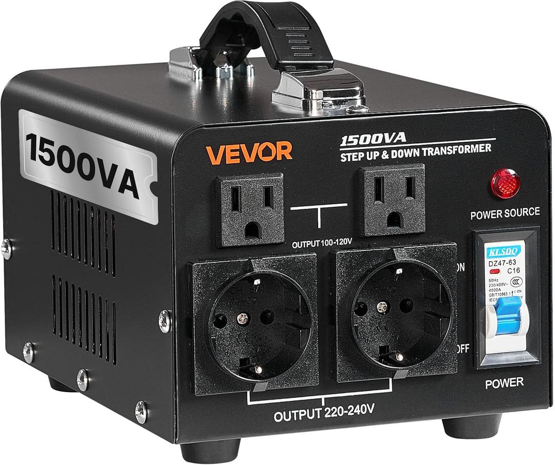VEVOR Voltage Converter Transformer, 1500VA, Heavy Duty Step Up/Down Power Transformer, Convert from 110V to 220V and 220V to 110V, with EU Outlets, US Outlets, Power Cord, Circuit Breaker Protection