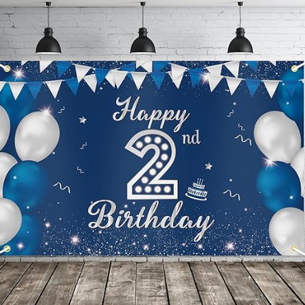 JOYKY Happy 2nd Birthday Banner, Blue Silver Happy 2nd Birthday Party Decorations for Boys, Two 2 Year Old Supplies Backdrop Décor, 5.9 X 3.8 Fts