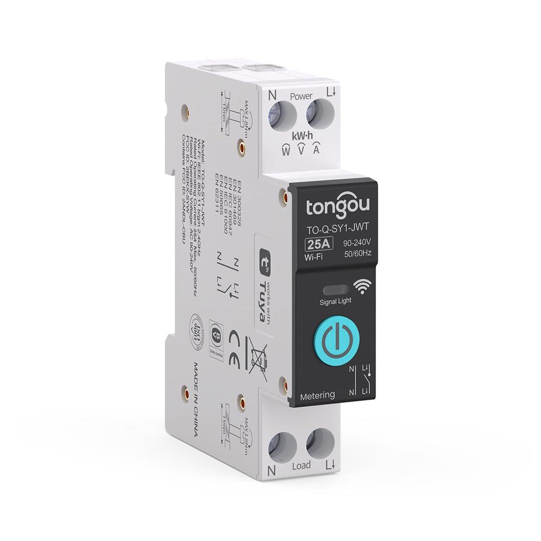 TONGOU DIY 1P+N Smart Wi-Fi Switch, Work with Alexa and Google Assistant for Voice Control, 25A with Energy Monitor, Smart Life/Tuya APP Remote Control, Timer Functions, DIN Rail Mounted,FCC Certified