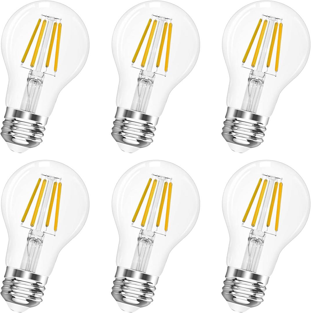 A19 E26 Base Dimmable Edison LED Bulb, 4W (40 Watt Equivalent) 3000K Soft Warm White, Vintage Clear Glass LED Filament Bulb for Home, Wall Sconce, Chandelier, 6 Pack (6W=60W 3000K Soft White)