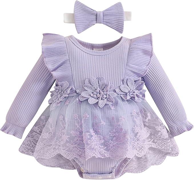 Baby Girl Romper Dress Baby Dress Romper Lace Flowers Infant Fall Winter Festival Clothes with Headband 9-12 M