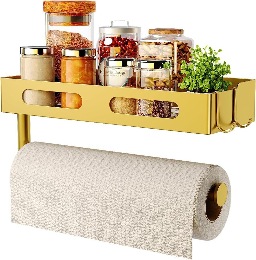 Paper Towel Holder Wall Mount for Kitchen, Paper Towel Holder with Shelf for Bathroom, RV Paper Towel Rack with 2 Hooks, Gold