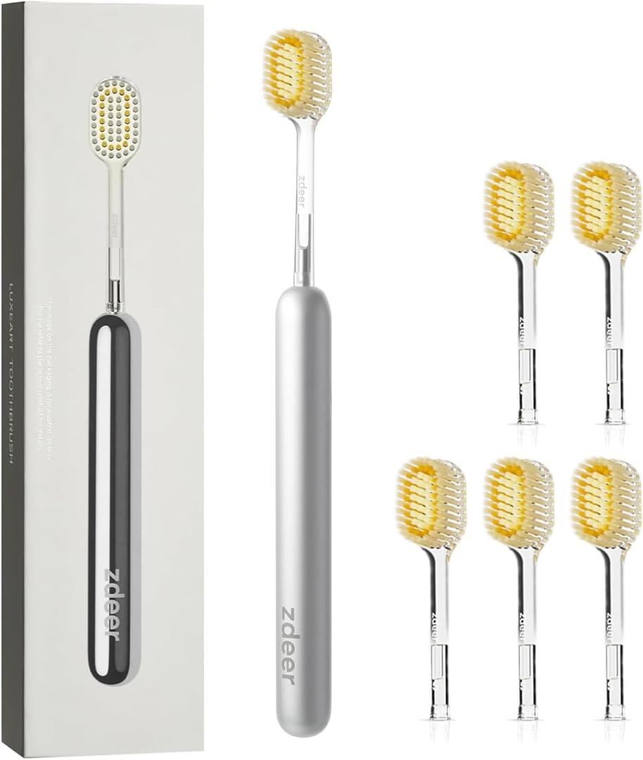 ZDEER Pro Ultra Soft Bristle Toothbrush for Sensitive Gums,Upgraded Full Metal Body,6 Replaceable Wide Soft Gum Heads,More Durable & Premium Texture,Ultra-Gentle Cleaning,Eco-Friendly Reusable Design (6 Count (Pack of 1))
