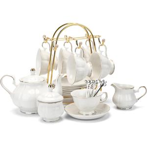 CHENP.HMC Tea Set 22-Piece Porcelain Ceramic Coffee Tea Gift Sets Cups Saucer Service for 6 Teapot Sugar Bowl Creamer Pitcher and Teaspoons (WHITE3)