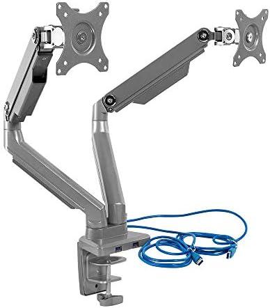 Mount-It! Dual Monitor Arm Mount Desk Stand | 2 x 3.0 USB Ports | Articulating Mechanical Spring Height Adjustable | Fits Two 24 27 29 30 32 Inch VESA 75 100 Compatible Screens | C-Clamp and Grommet