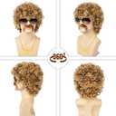 Disco Wig 5Pcs Set (Wig+ Glasses+ Necklace+ Mustache+ Wig Cap) 70'S Costumes Wig Afro Wig Men Short Curly Natural Fluffy Synthetic hair Wig for Halloween Disco Party