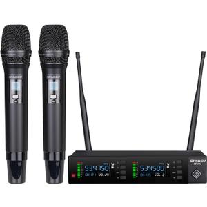 Professional Wireless Microphone System, 2X100 UHF Adjustable Frequencies Wireless Microphone for Karaoke, Singing, DJ, Church, 2 Metal Handheld Dynamic Cordless Mic Set, Auto Scan, 200-250Ft Range