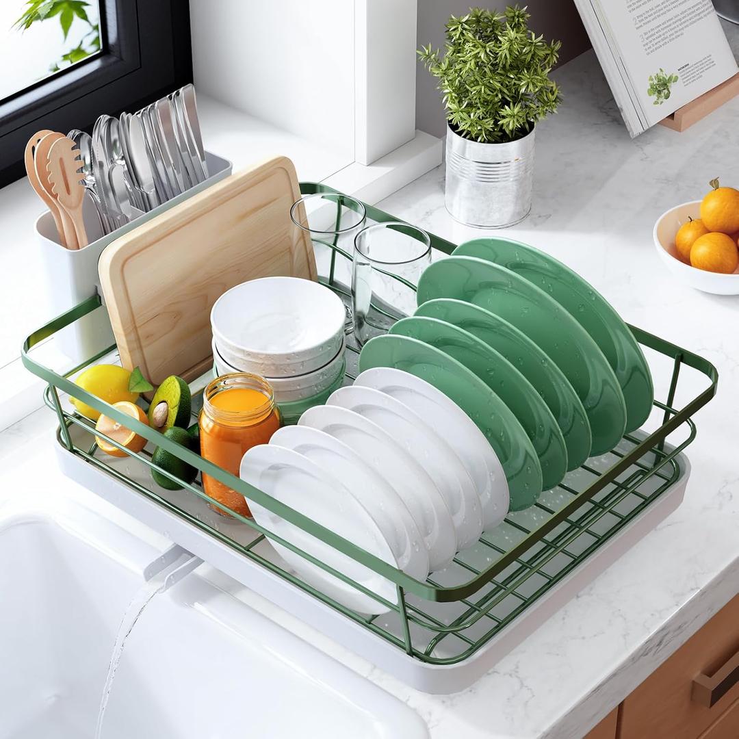 Kitsure Dish Drying Rack for Kitchen Counter, Stainless Steel Sink Organization and Storage Essentials with Cutlery Holder, Home and Appartment Decor, 12''W x 15.5''L, Green