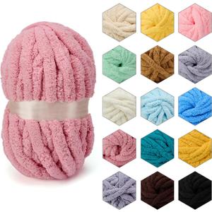 ERLYEEN Chenille Chunky Yarn Super Bulky Soft Thick Fluffy Jumbo Giant Washable Polyester Big Yarn DIY for Arm Knit Blanket Cushion Bed Sofa Home Decor,Leather Pink,0.55LB