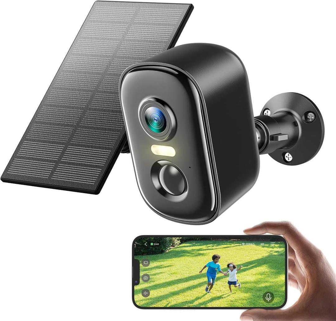Rocktone Solar Security Cameras Wireless Outdoor, 2K Battery Powered WiFi Cameras for Home Security with AI Motion Detection, Color Night Vision, 2-Way Talk, Siren Alarm, IP66, Cloud/SD Storage (Solar Cam Black, Black)