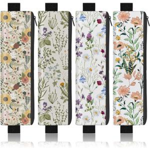 4 Pack Elastic Pen Holder for Notebook, Prints Pen Pouch with Elastic Band and Zipper, Leather Pen Holder for Planners, Journals, Book (Flower)