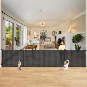 Reinforced 42" Extra Tall Retractable Dog Gate, 200" Extra Wide Baby Gate with Support Rods-Prevent Crawling Through, Outdoor/Indoor Baby Fence/Barrier/Blocker for Home, 16ft Retractable Garage Gate (Black)