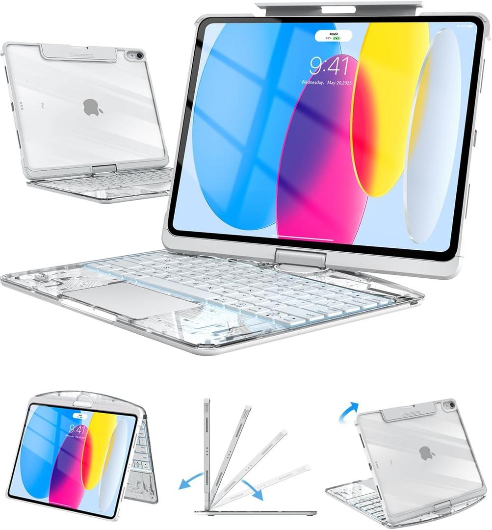 Auupgo Transparent Keyboard Case with Trackpad for iPad 11th Gen A16 (2025) & 10th Gen 10.9" (2022), 7-Color Backlit Wireless Bluetooth Keyboard with 360 Rotating Stand & Pencil Holder, White