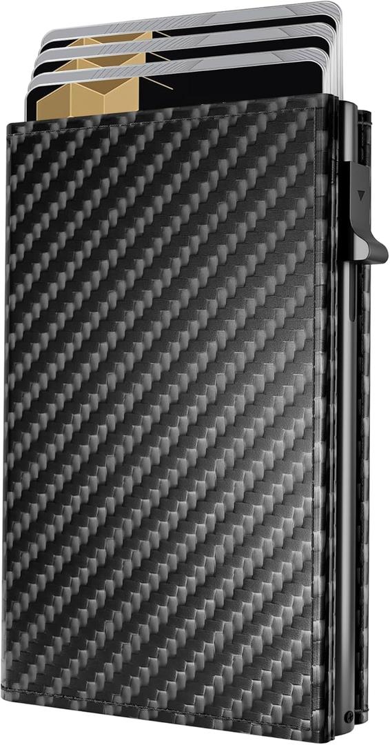 QLD RFID Wallet for Men - Smart Pop up Card Holder - Trifold, Slim, Minimalist Wallet for Front Pocket, 9-11 Cards Capacity | ID Window | Cash Slot | Magnetic Closure (Carbon Fiber)