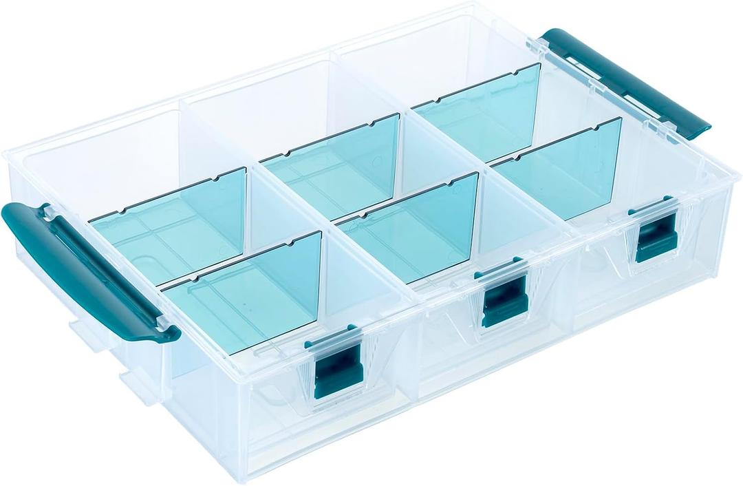 MyGift Single Stackable Tray, Add-on for 11 Inch Clear Arts & Crafts Storage Box with Blue Accents, 9 Compartment Sewing Supplies Organizer 3 Drawers and Removable Dividers